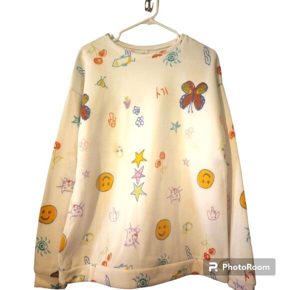 Multicolored Sketch / doodle sweatshirt with butterflies, stars and sm… - Picture 1 of 8